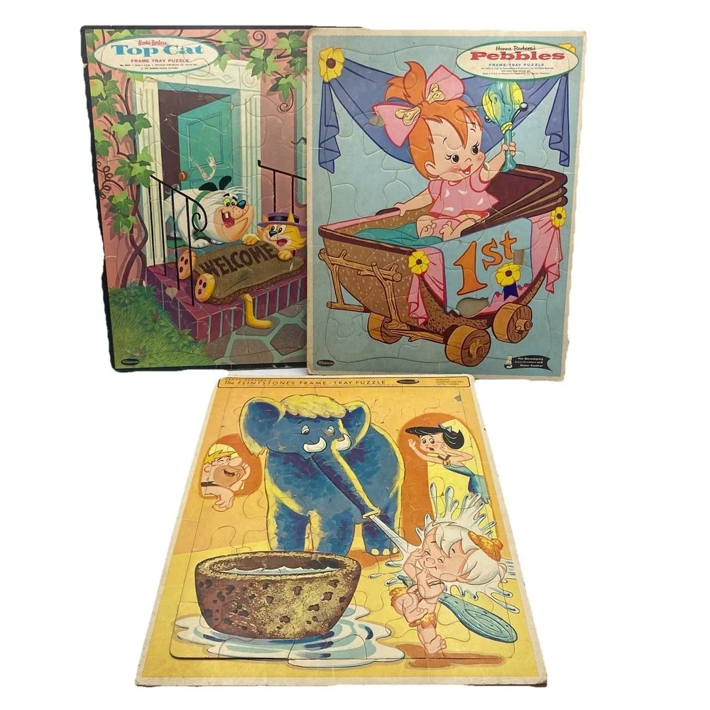 Vtg Lot 3 Whitman Frame Tray Puzzles Hanna-Barbera Flintstones‎ Top Cat Pebbles